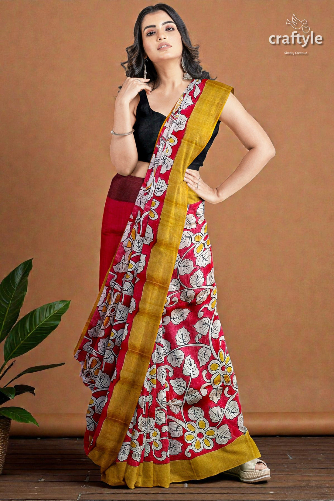 Red Hand Painted Zari Border Pure Tussar Kalamkari Sari - Ethnic Indian Design