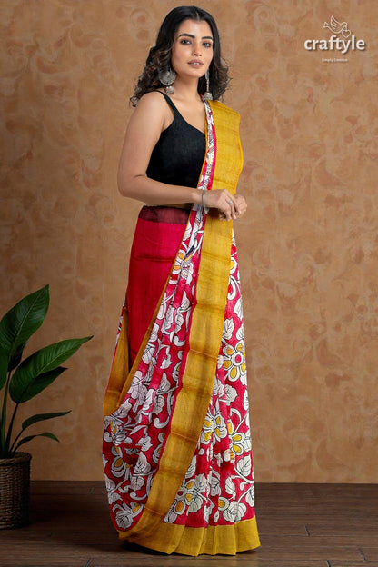 Red Hand Painted Zari Border Pure Tussar Kalamkari Sari - Ethnic Indian Design