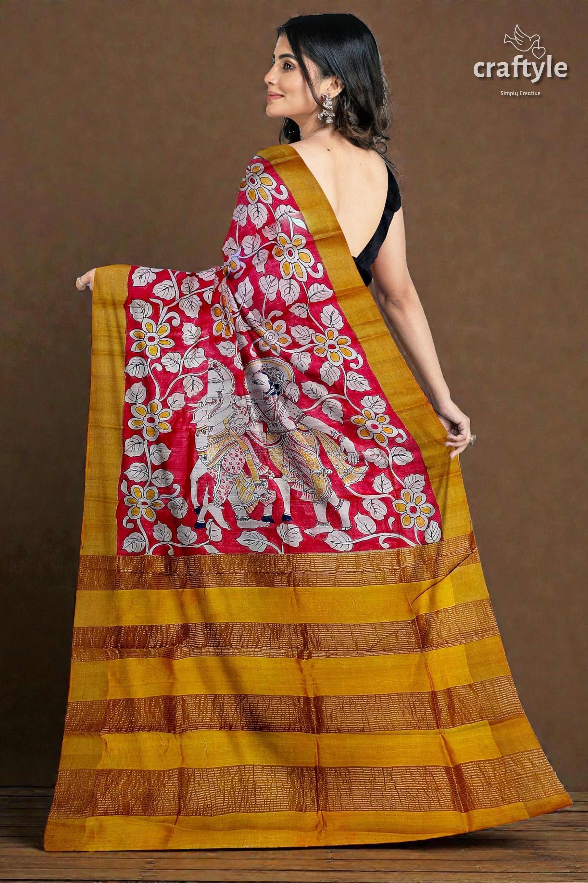 Red Hand Painted Zari Border Pure Tussar Kalamkari Sari - Ethnic Indian Design