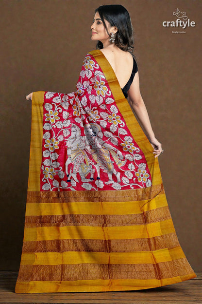 Red Hand Painted Zari Border Pure Tussar Kalamkari Sari - Ethnic Indian Design
