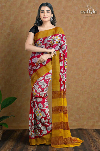Red Hand Painted Zari Border Pure Tussar Kalamkari Sari - Ethnic Indian Design