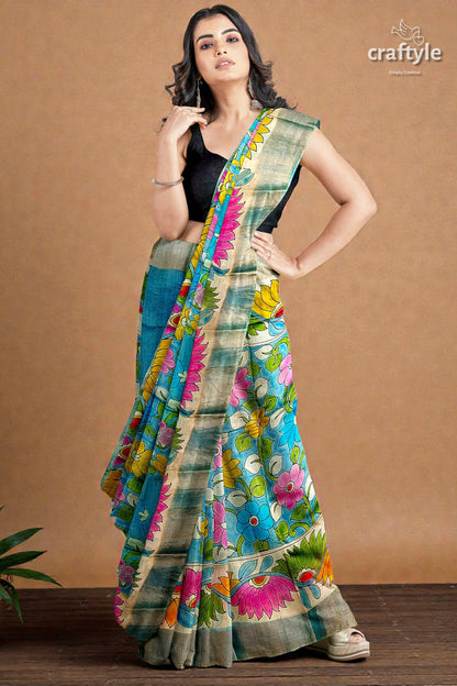 Hand-Painted Floral Motif Pure Tussar Kalamkari Sari with Zari Border