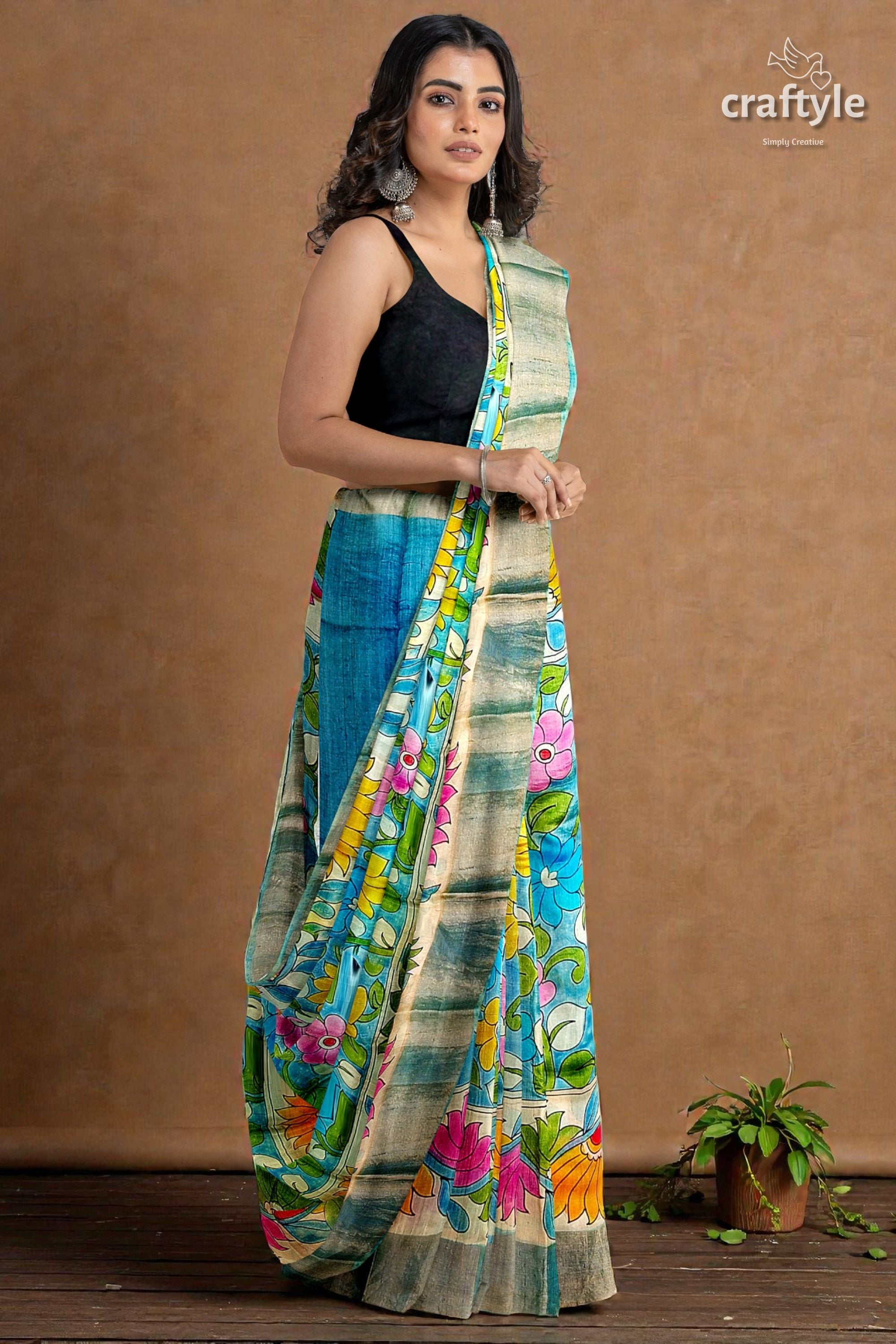 Hand-Painted Floral Motif Pure Tussar Kalamkari Sari with Zari Border