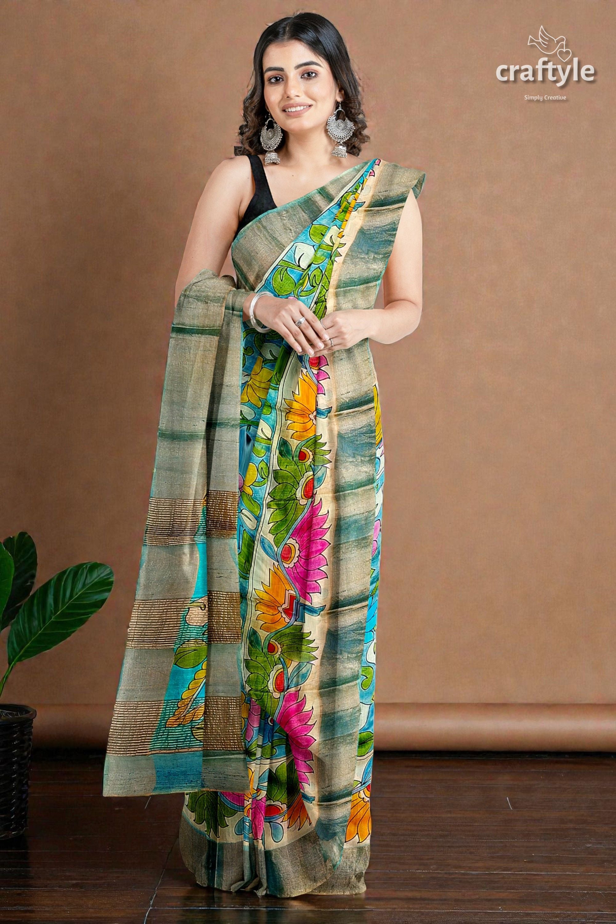 Hand-Painted Floral Motif Pure Tussar Kalamkari Sari with Zari Border