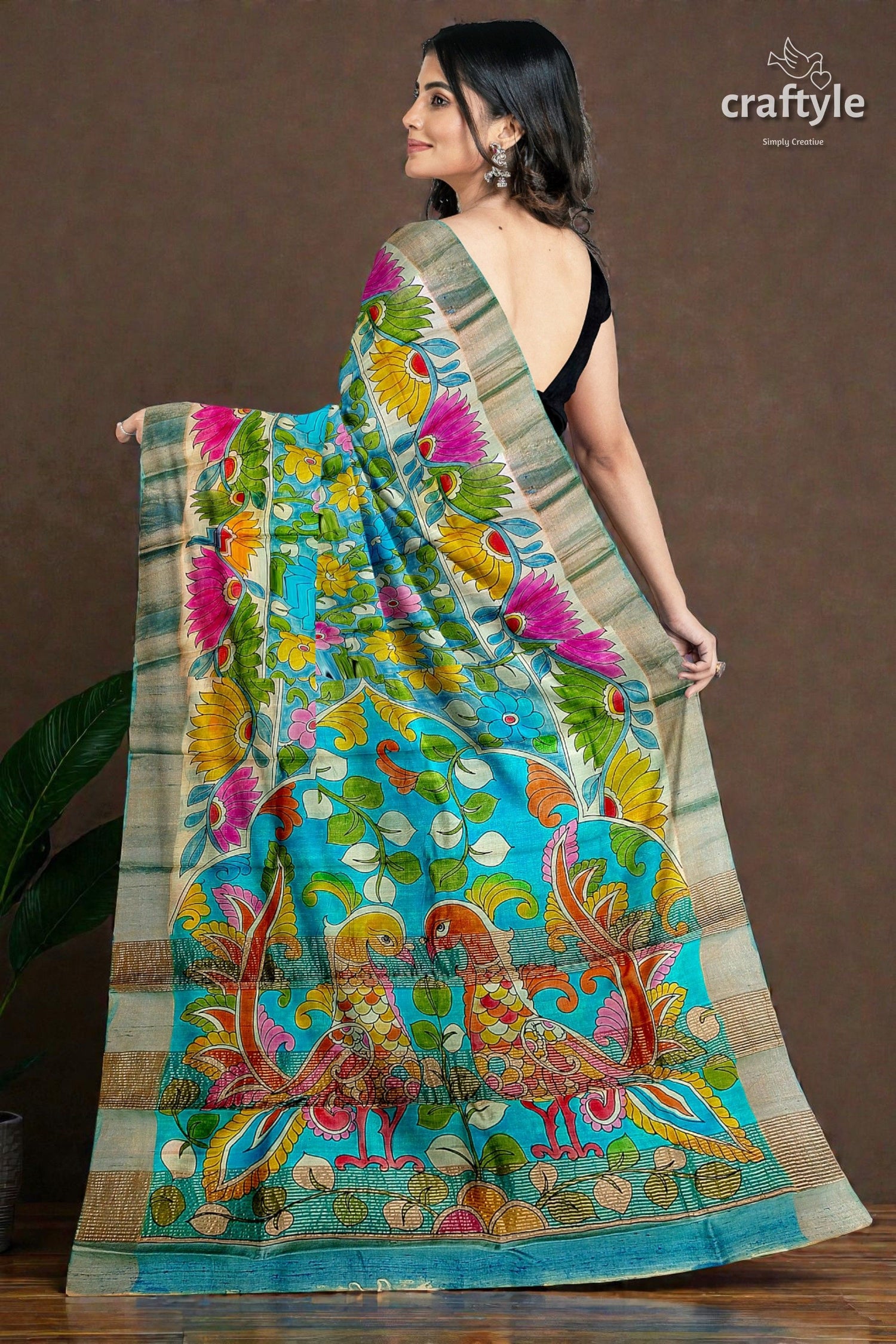 Hand-Painted Floral Motif Pure Tussar Kalamkari Sari with Zari Border
