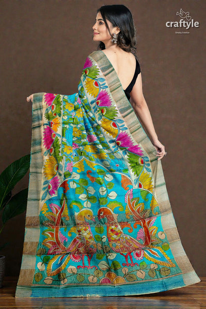 Hand-Painted Floral Motif Pure Tussar Kalamkari Sari with Zari Border