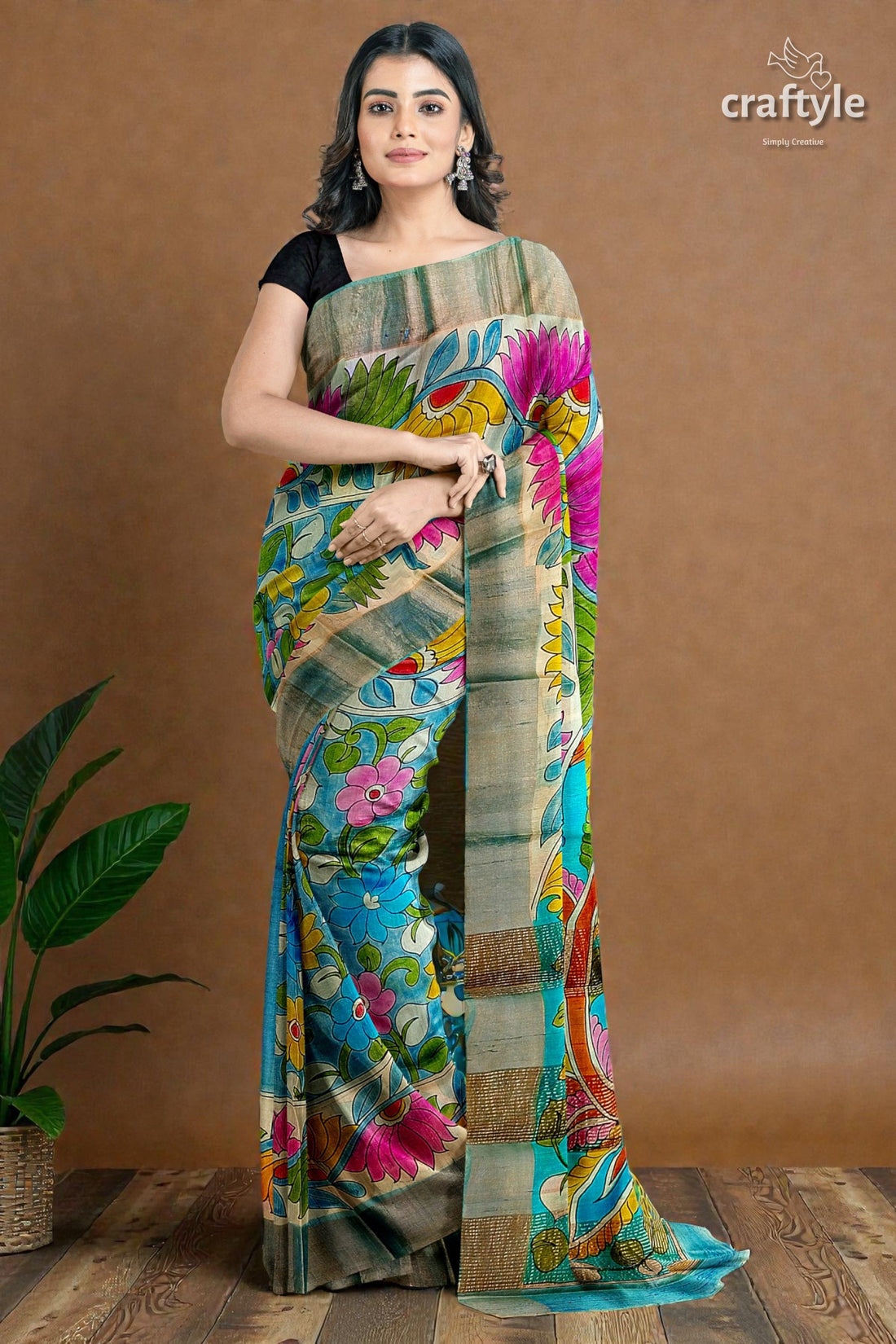 Hand-Painted Floral Motif Pure Tussar Kalamkari Sari with Zari Border