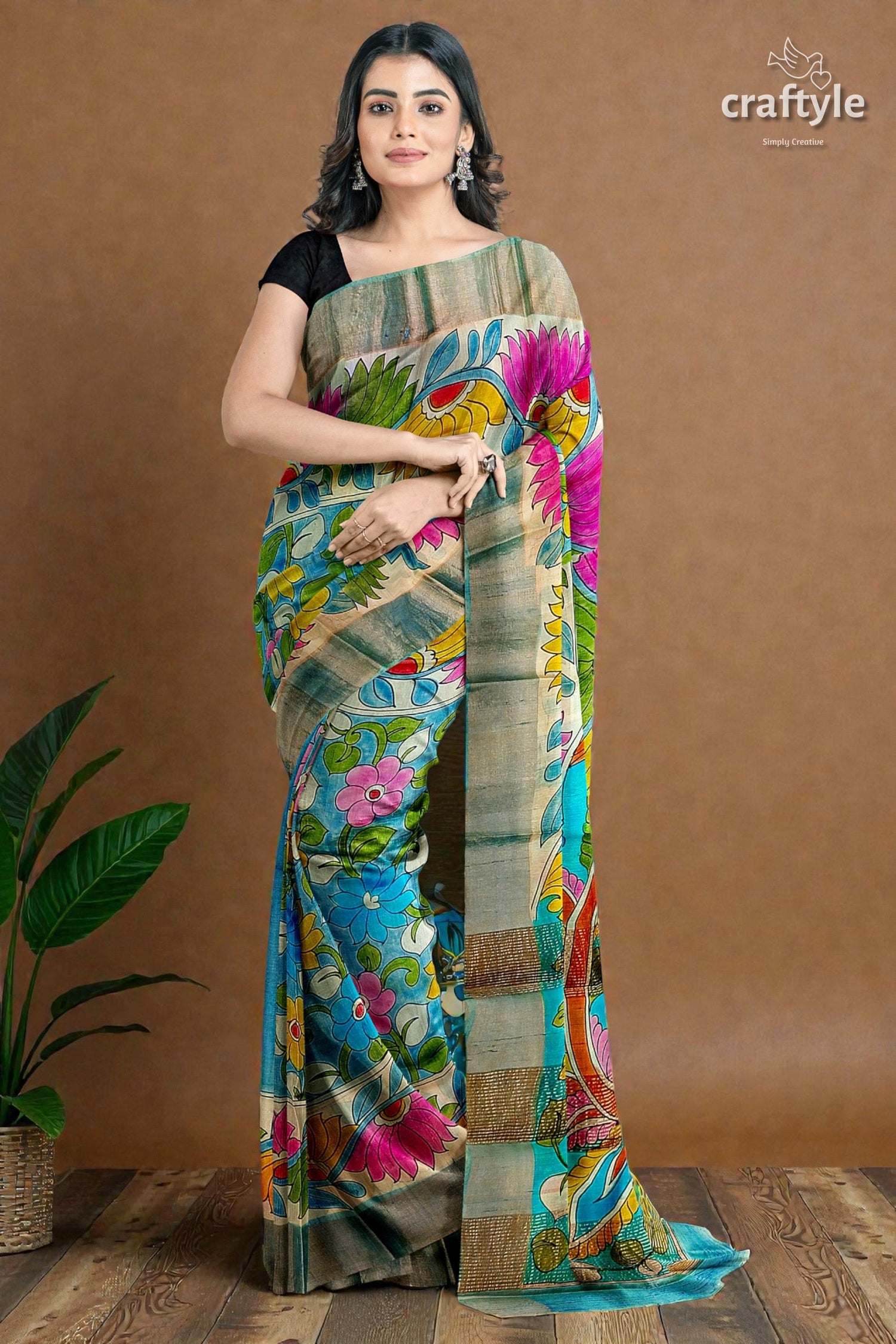 Hand-Painted Floral Motif Pure Tussar Kalamkari Sari with Zari Border