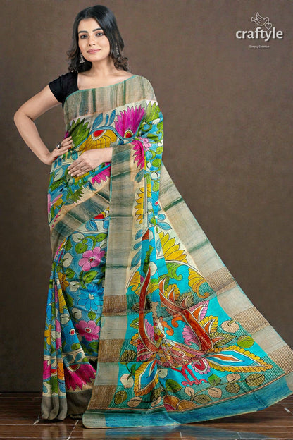 Hand-Painted Floral Motif Pure Tussar Kalamkari Sari with Zari Border