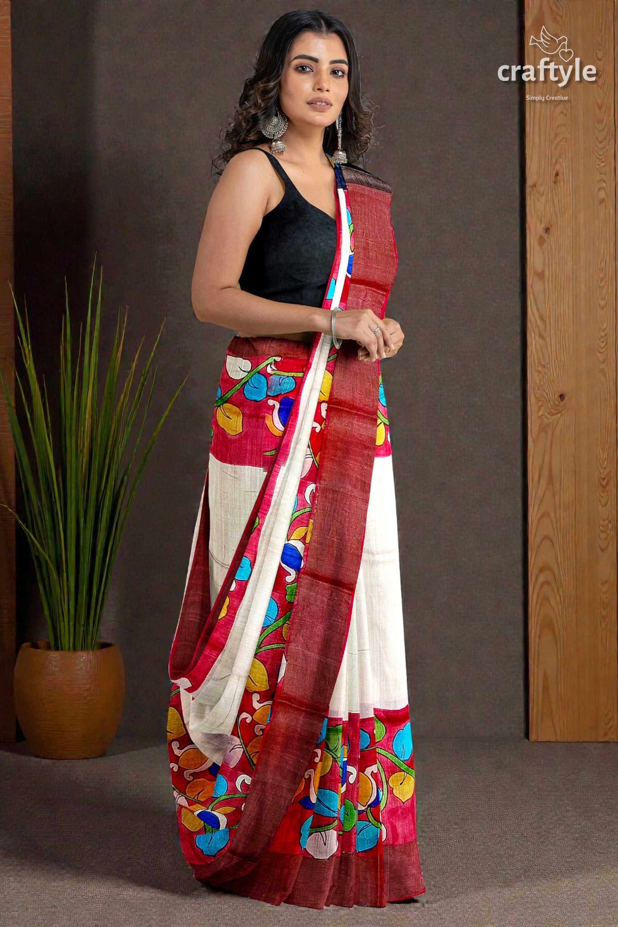 White and Red Pure Tussar Kalamkari Saree with Zari Border - Hand Painted