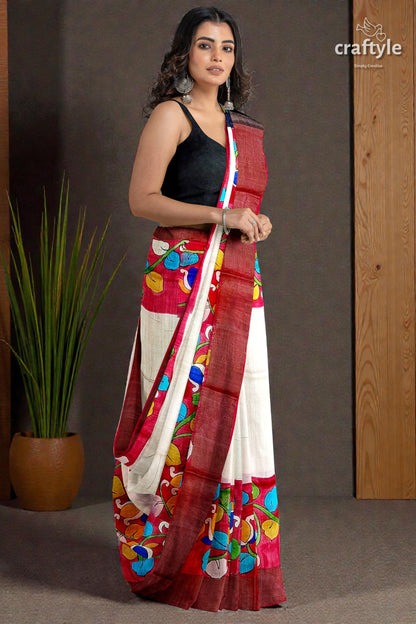 White and Red Pure Tussar Kalamkari Saree with Zari Border - Hand Painted