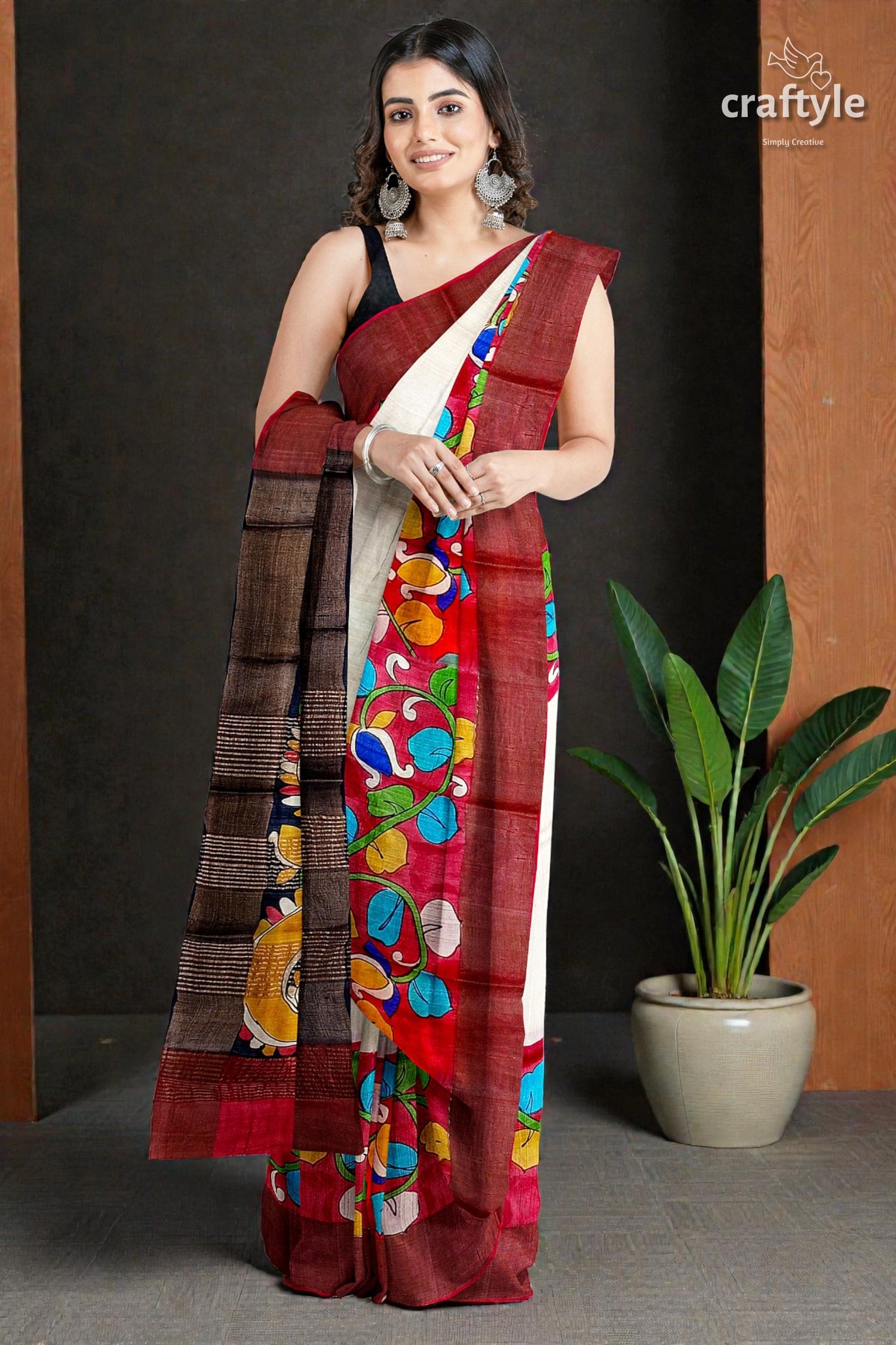 White and Red Pure Tussar Kalamkari Saree with Zari Border - Hand Painted