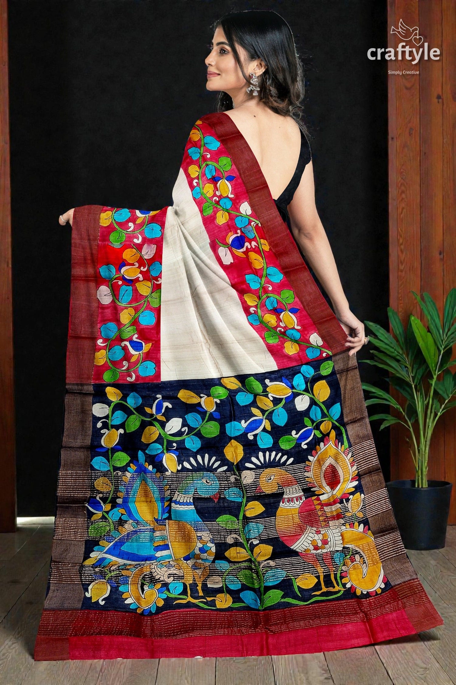 White and Red Pure Tussar Kalamkari Saree with Zari Border - Hand Painted