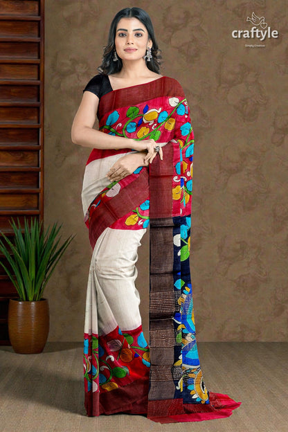 White and Red Pure Tussar Kalamkari Saree with Zari Border - Hand Painted