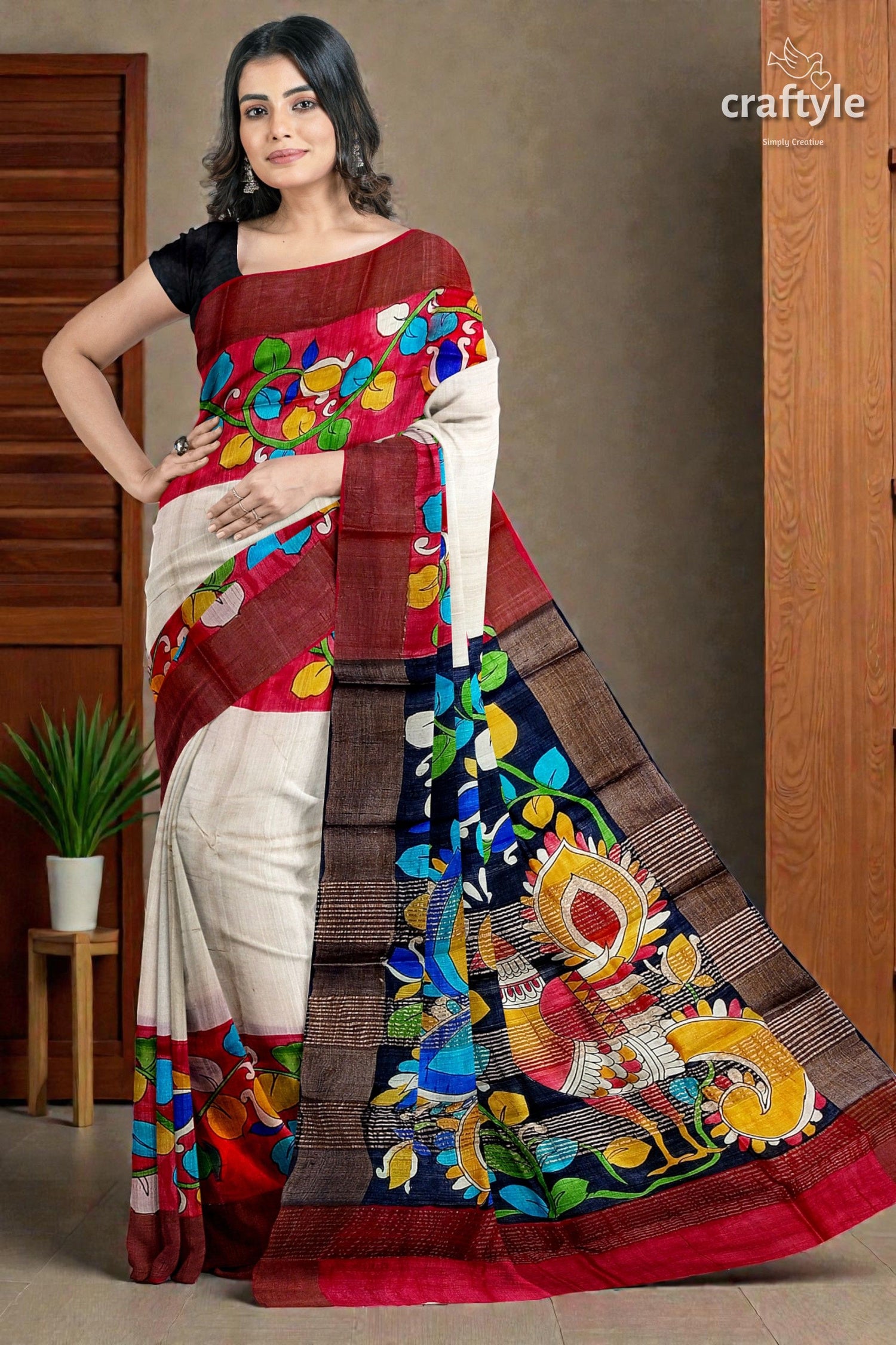 White and Red Pure Tussar Kalamkari Saree with Zari Border - Hand Painted