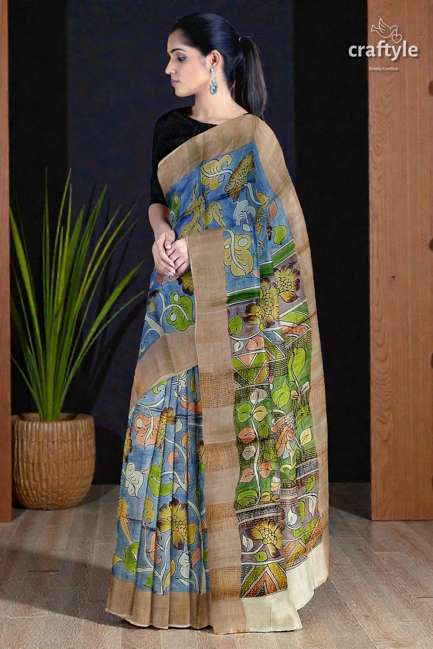 Sky Blue Tussar Kalamkari Saree with Zari Border - Hand Painted Pure Tussar Fabric
