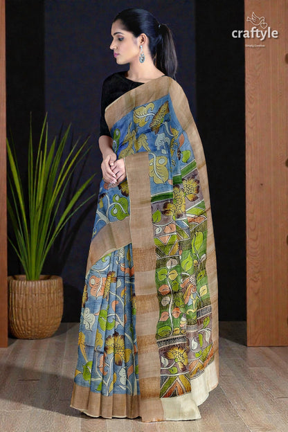 Sky Blue Tussar Kalamkari Saree with Zari Border - Hand Painted Pure Tussar Fabric