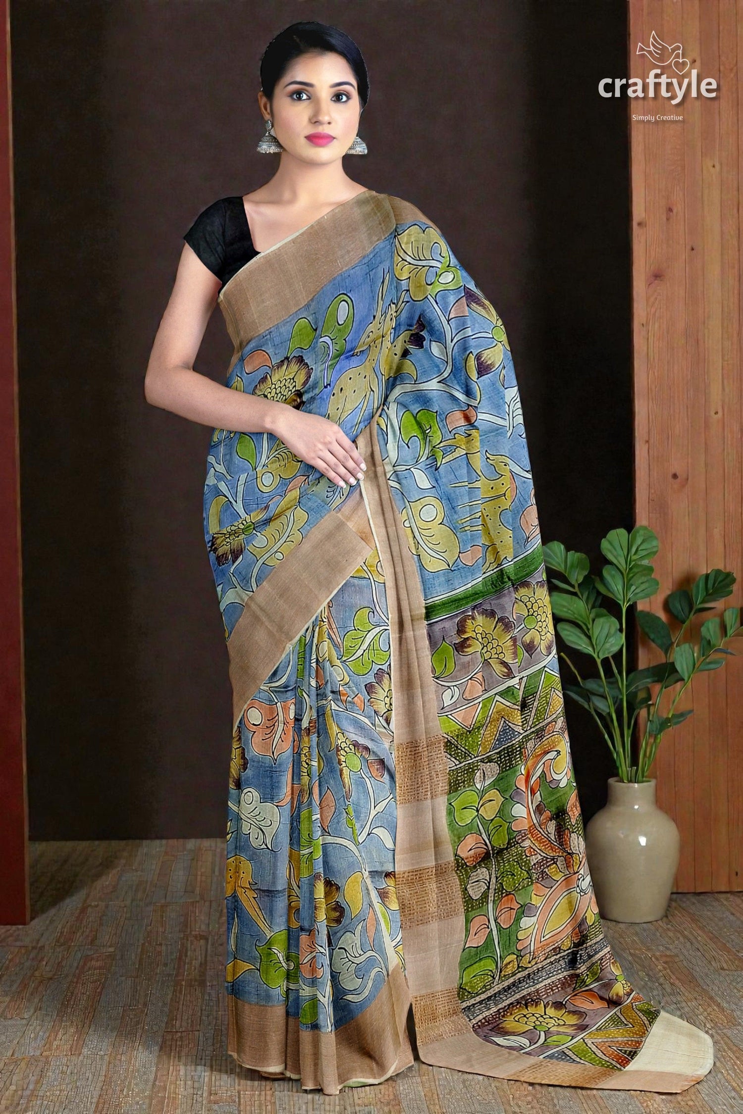 Sky Blue Tussar Kalamkari Saree with Zari Border - Hand Painted Pure Tussar Fabric