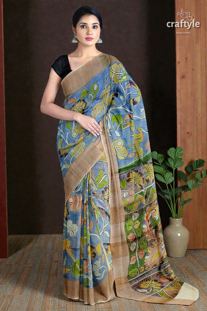 Sky Blue Tussar Kalamkari Saree with Zari Border - Hand Painted Pure Tussar Fabric