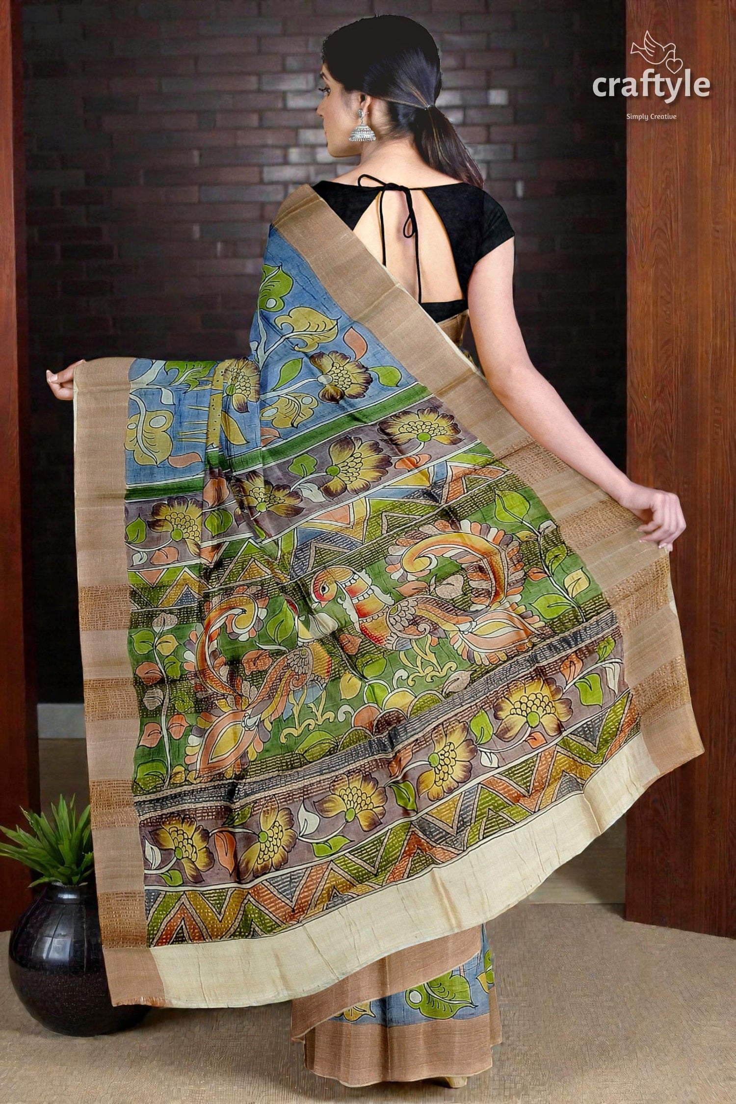 Sky Blue Tussar Kalamkari Saree with Zari Border - Hand Painted Pure Tussar Fabric