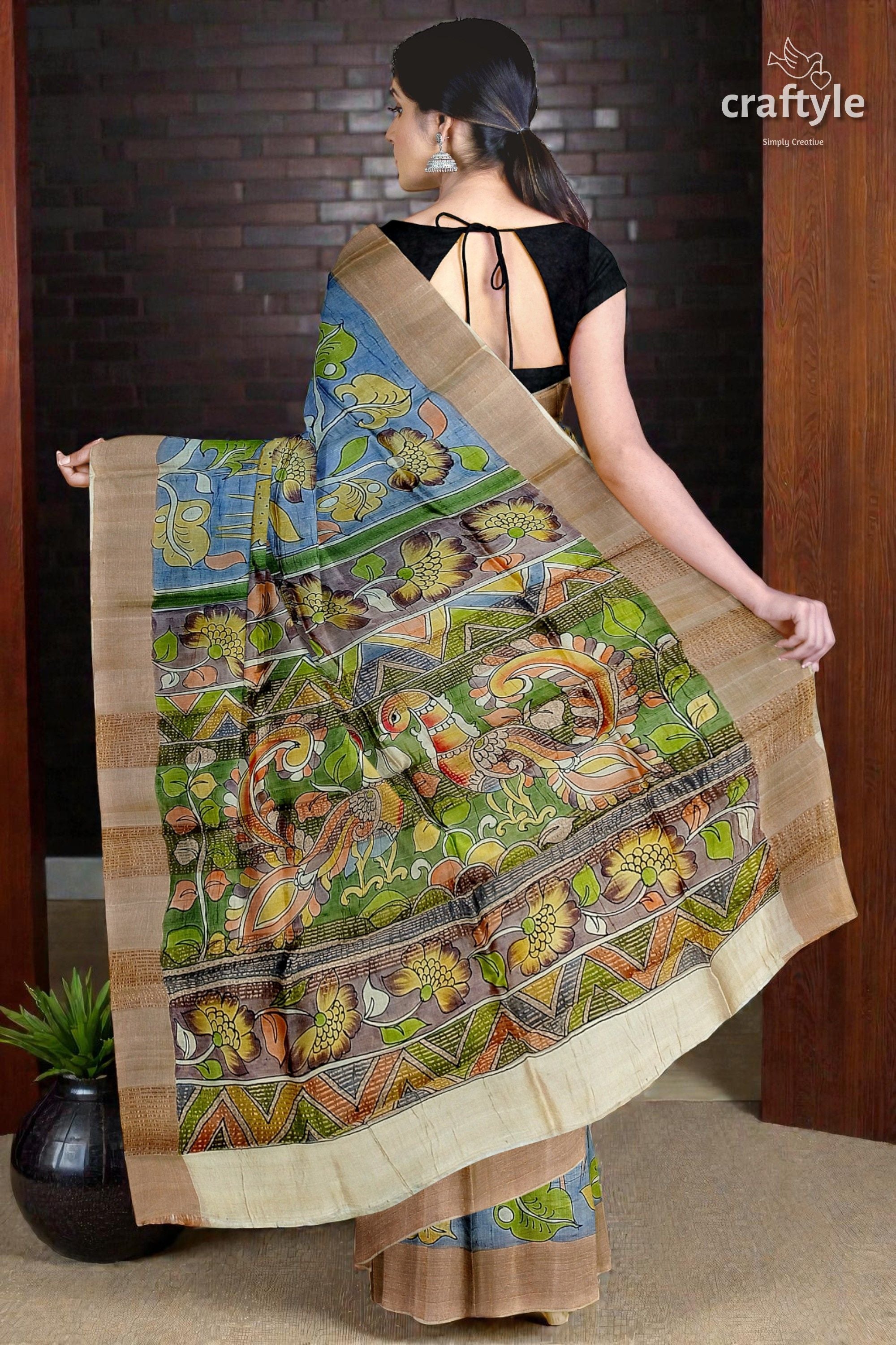 Sky Blue Tussar Kalamkari Saree with Zari Border - Hand Painted Pure Tussar Fabric