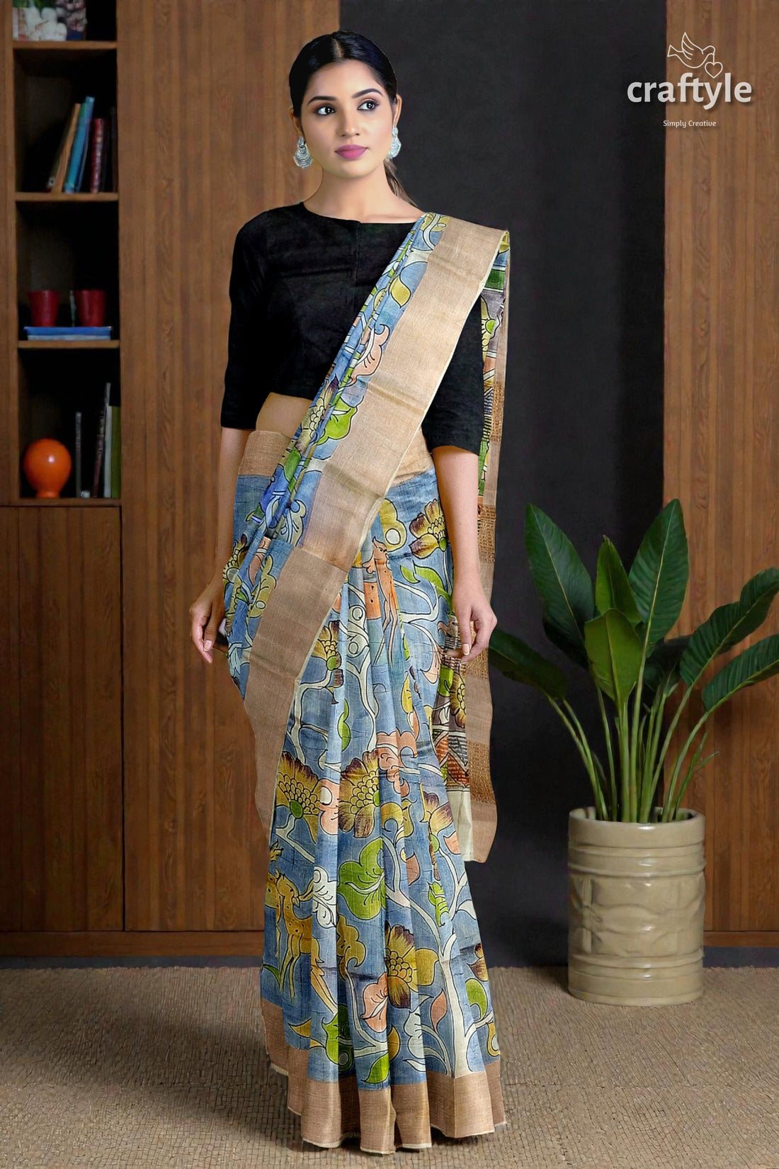 Sky Blue Tussar Kalamkari Saree with Zari Border - Hand Painted Pure Tussar Fabric