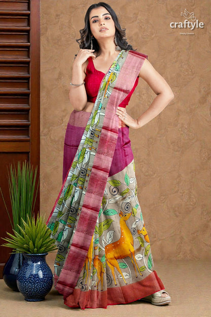 Tan Color Authentic Hand Painted Kalamkari Zari Border Pure Tussar Silk Saree