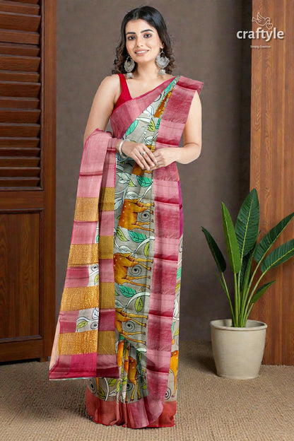 Tan Color Authentic Hand Painted Kalamkari Zari Border Pure Tussar Silk Saree