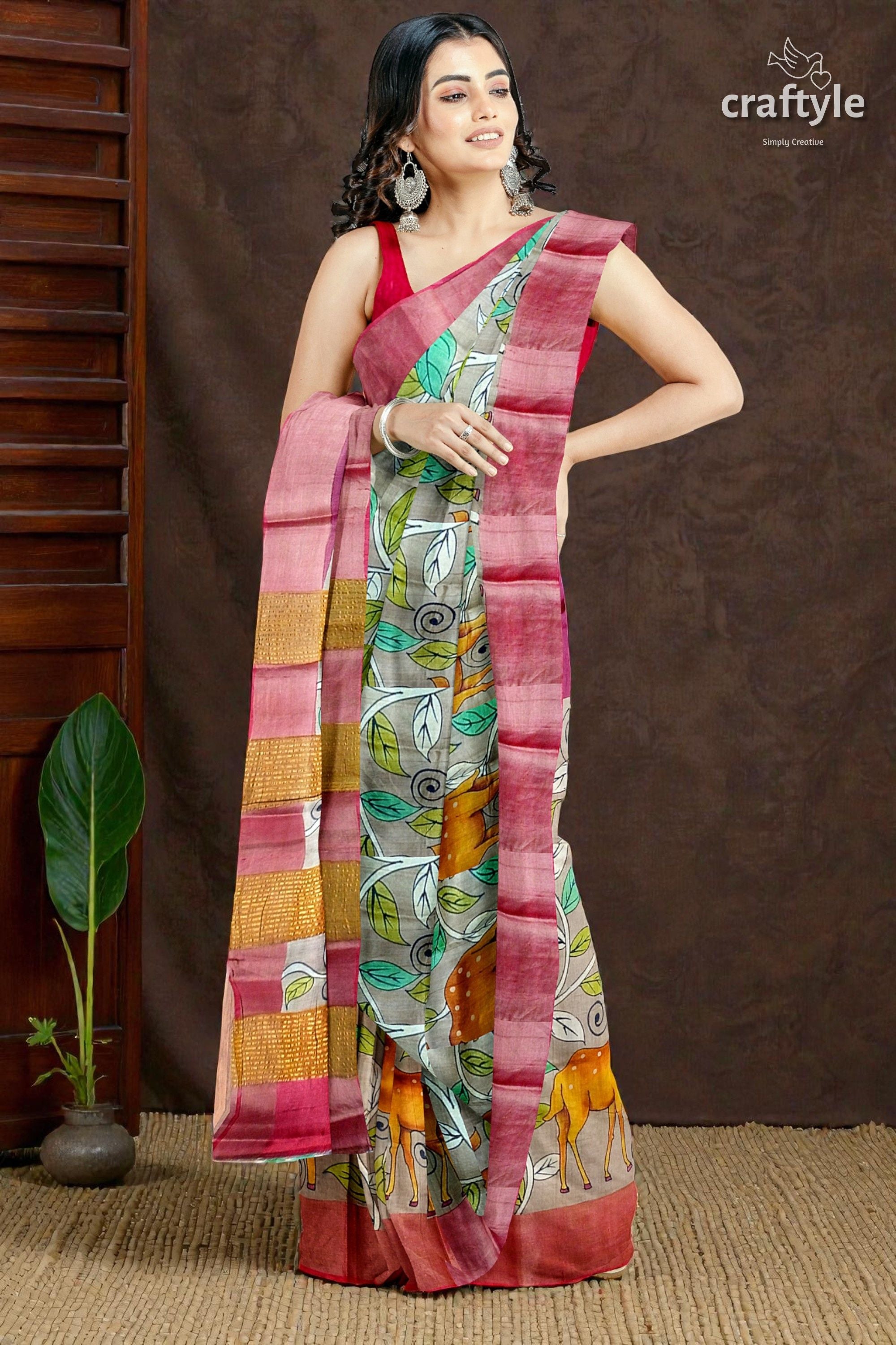 Tan Color Authentic Hand Painted Kalamkari Zari Border Pure Tussar Silk Saree