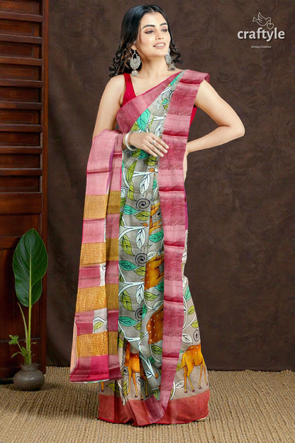 Tan Color Authentic Hand Painted Kalamkari Zari Border Pure Tussar Silk Saree