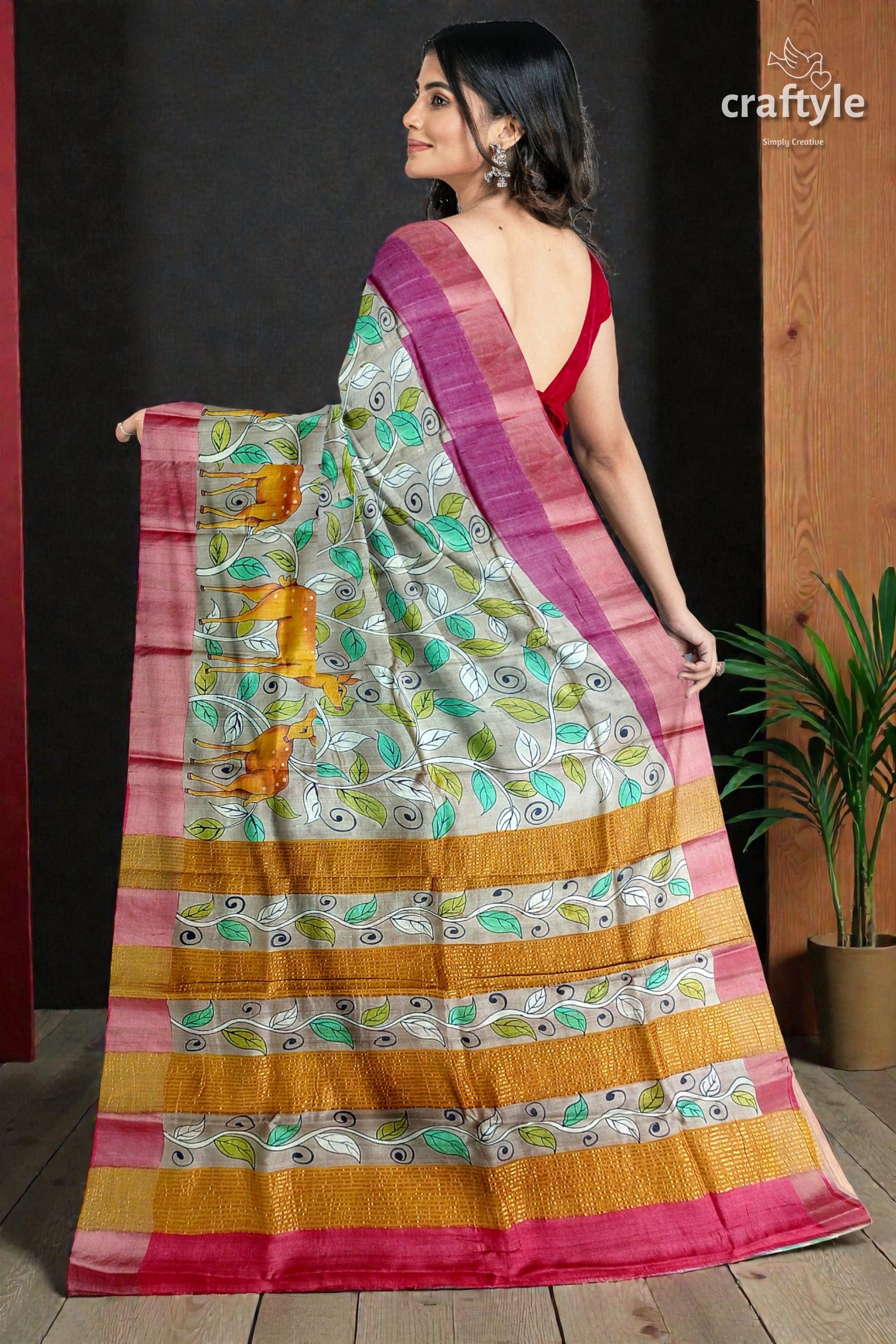 Tan Color Authentic Hand Painted Kalamkari Zari Border Pure Tussar Silk Saree