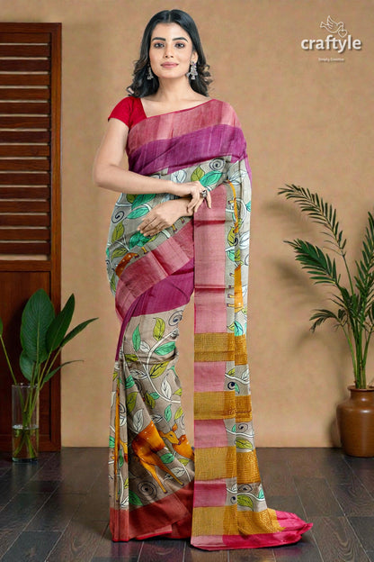 Tan Color Authentic Hand Painted Kalamkari Zari Border Pure Tussar Silk Saree