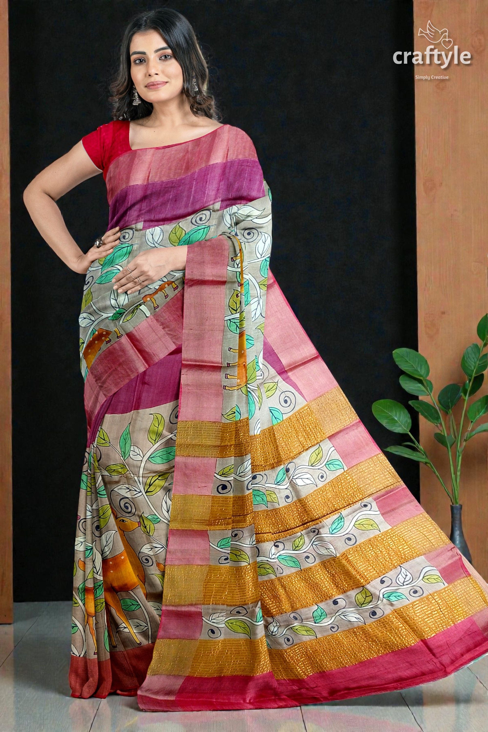 Tan Color Authentic Hand Painted Kalamkari Zari Border Pure Tussar Silk Saree