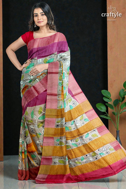 Tan Color Authentic Hand Painted Kalamkari Zari Border Pure Tussar Silk Saree