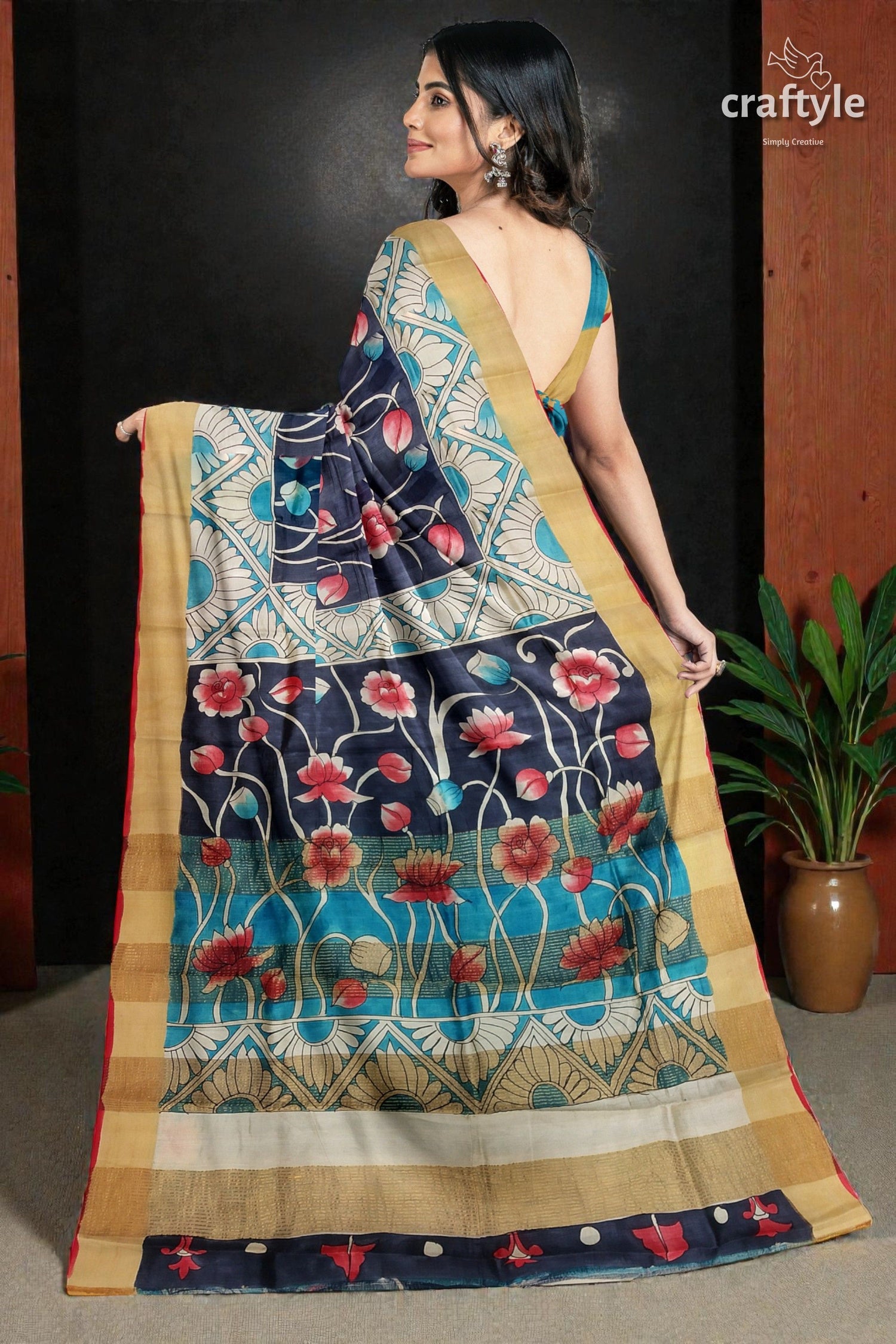 Lotus Motif Hand Painted Kalamkari Saree - Zari Border Pure Tussar Saree