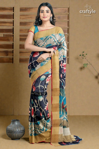 Lotus Motif Hand Painted Kalamkari Saree - Zari Border Pure Tussar Saree