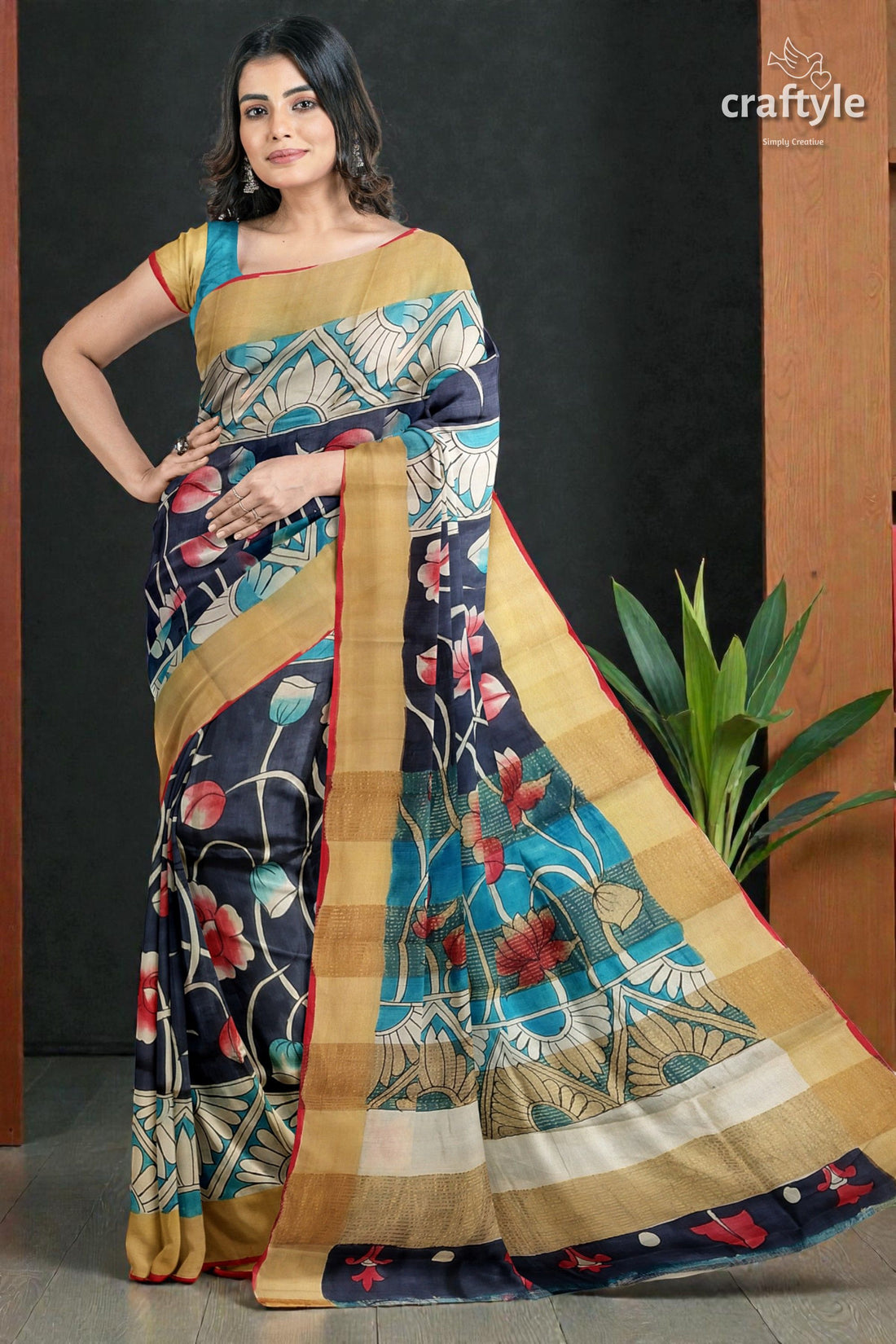 Lotus Motif Hand Painted Kalamkari Saree - Zari Border Pure Tussar Saree