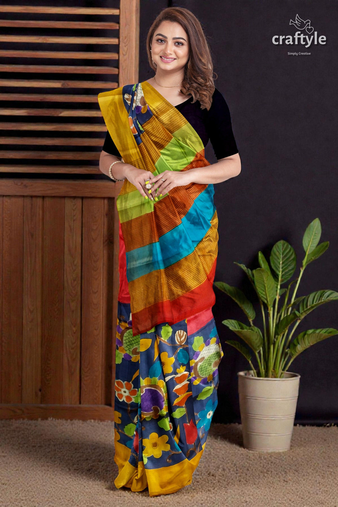 Berry Blue Elegant Hand Painted Zari Border Pure Tussar Pure Kalamkari Saree