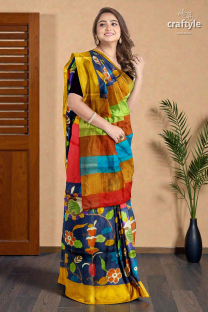 Berry Blue Elegant Hand Painted Zari Border Pure Tussar Pure Kalamkari Saree