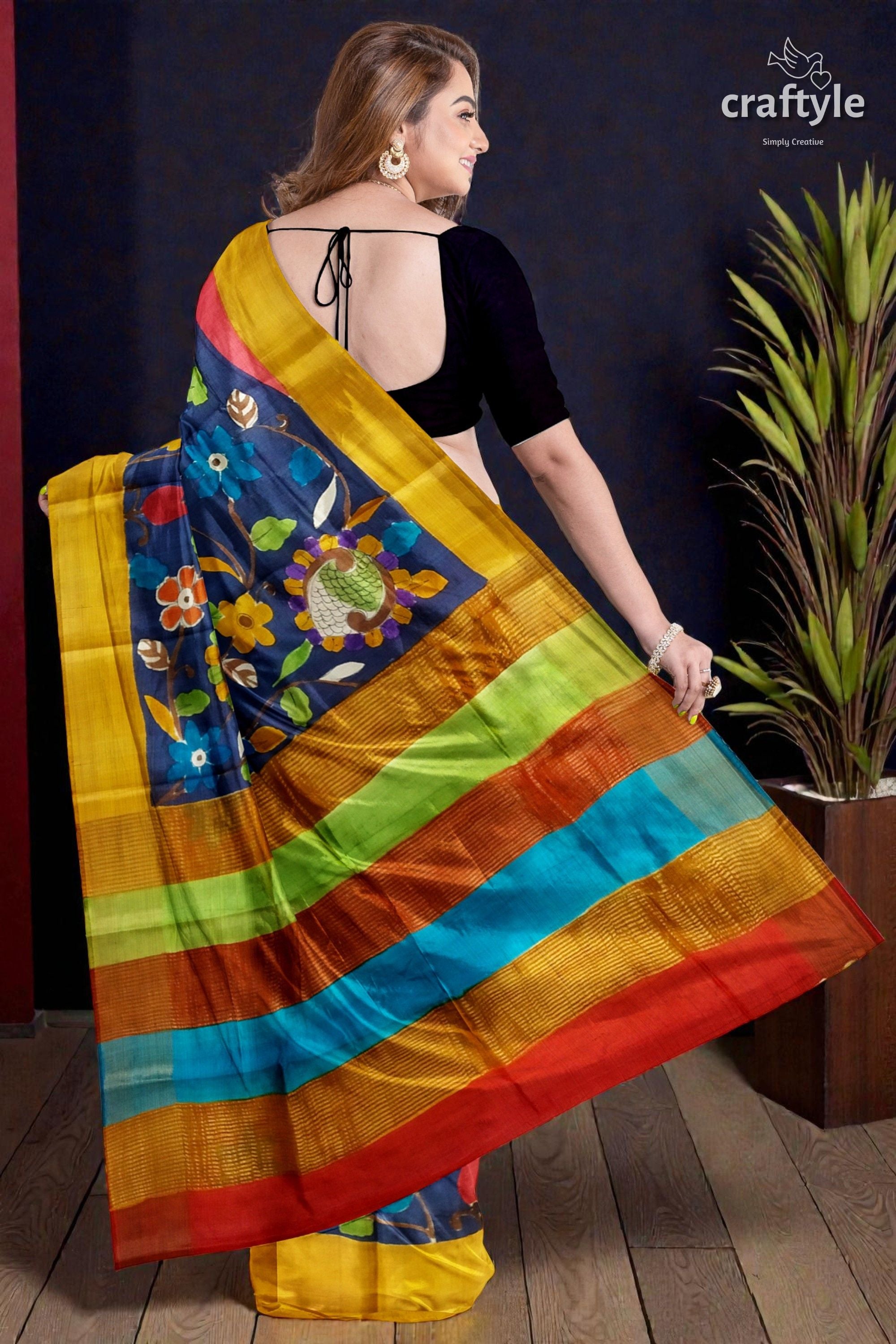 Berry Blue Elegant Hand Painted Zari Border Pure Tussar Pure Kalamkari Saree