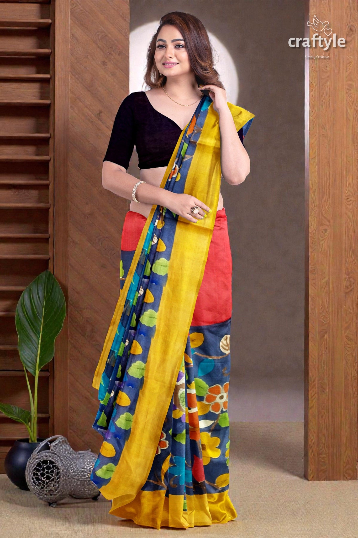 Berry Blue Elegant Hand Painted Zari Border Pure Tussar Pure Kalamkari Saree