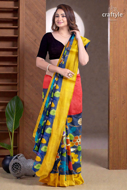 Berry Blue Elegant Hand Painted Zari Border Pure Tussar Pure Kalamkari Saree