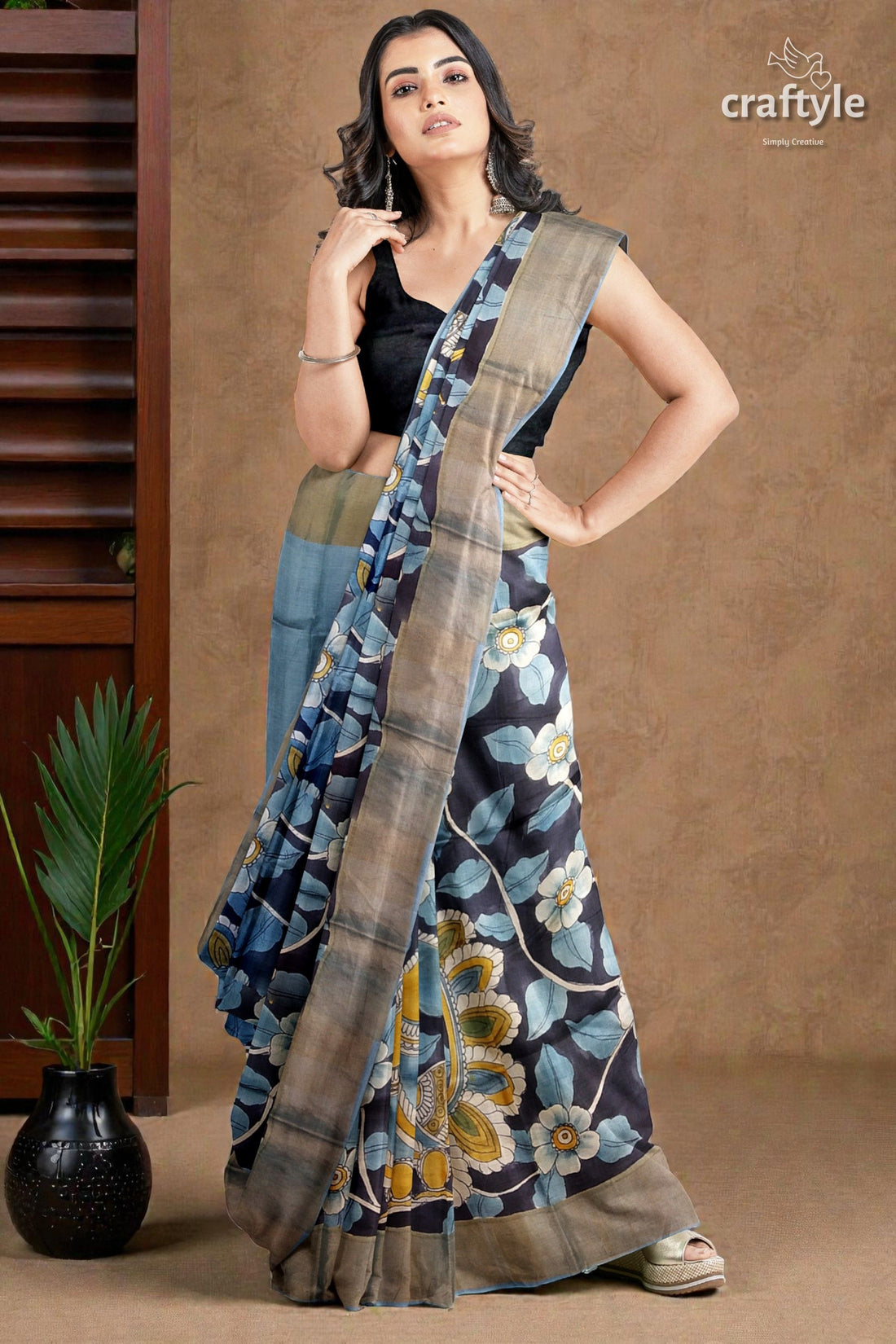 Charcoal Black Hand-Painted Pure Tussar Kalamkari Saree with Zari Border