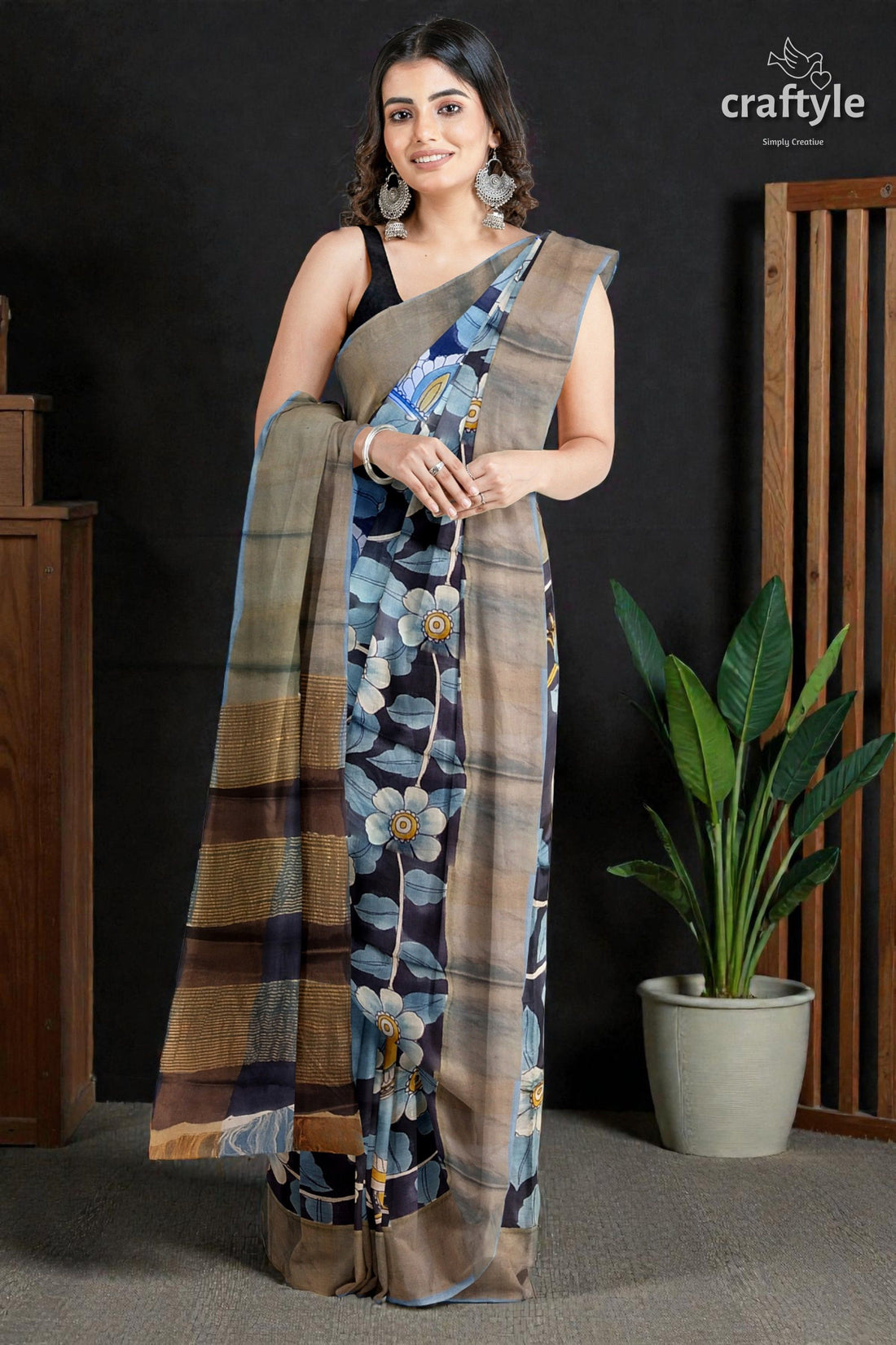 Charcoal Black Hand-Painted Pure Tussar Kalamkari Saree with Zari Border