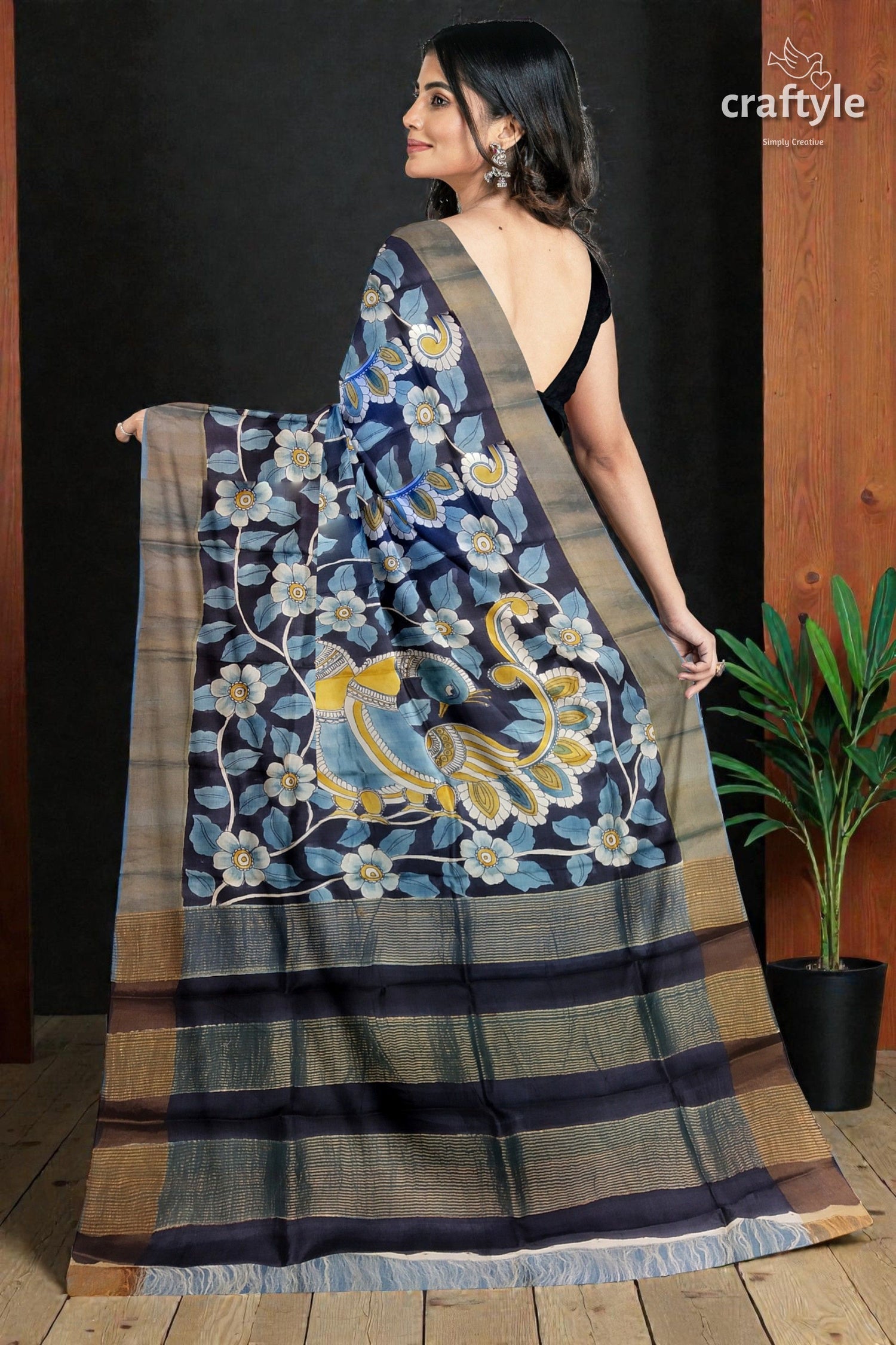 Charcoal Black Hand-Painted Pure Tussar Kalamkari Saree with Zari Border