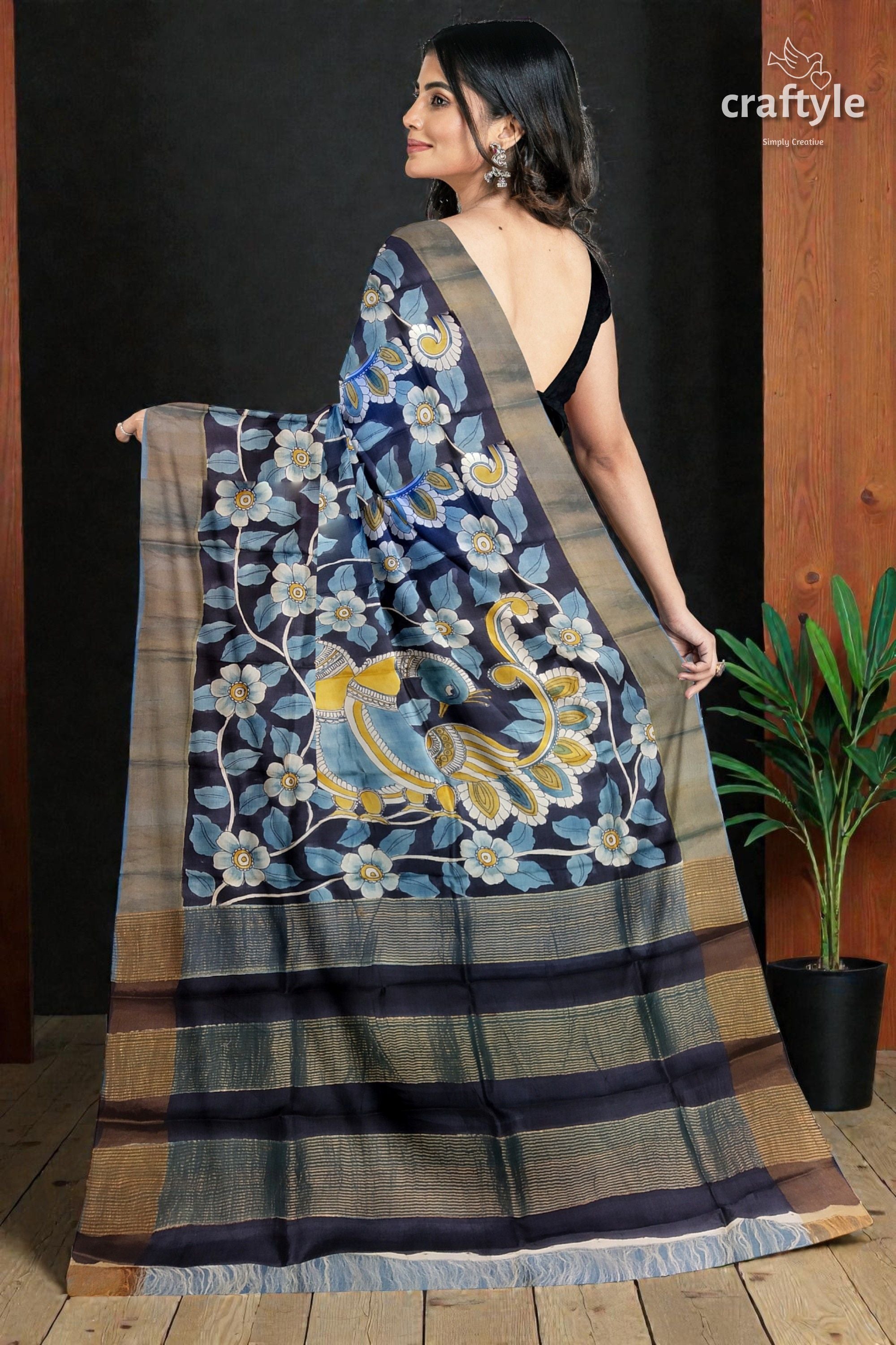 Charcoal Black Hand-Painted Pure Tussar Kalamkari Saree with Zari Border