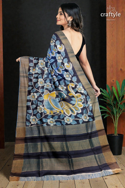 Charcoal Black Hand-Painted Pure Tussar Kalamkari Saree with Zari Border