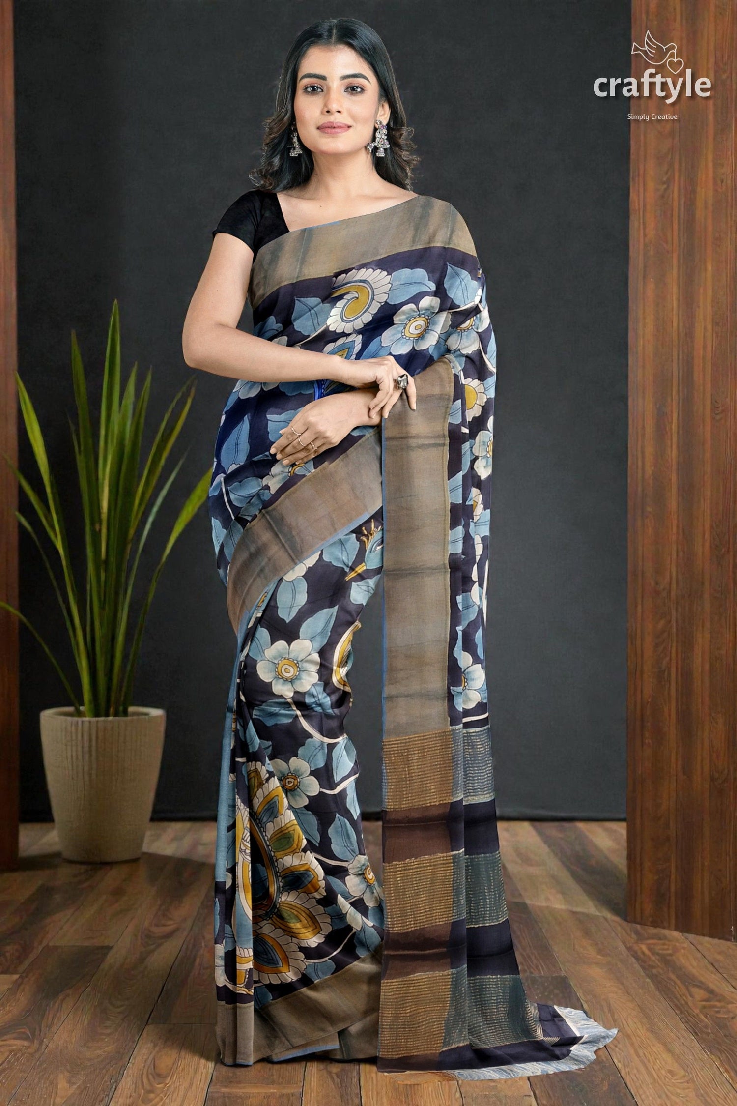 Charcoal Black Hand-Painted Pure Tussar Kalamkari Saree with Zari Border