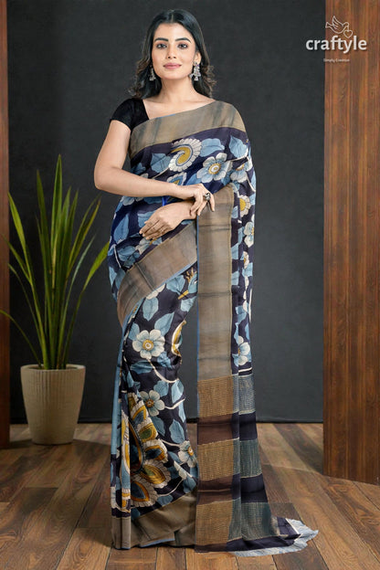 Charcoal Black Hand-Painted Pure Tussar Kalamkari Saree with Zari Border