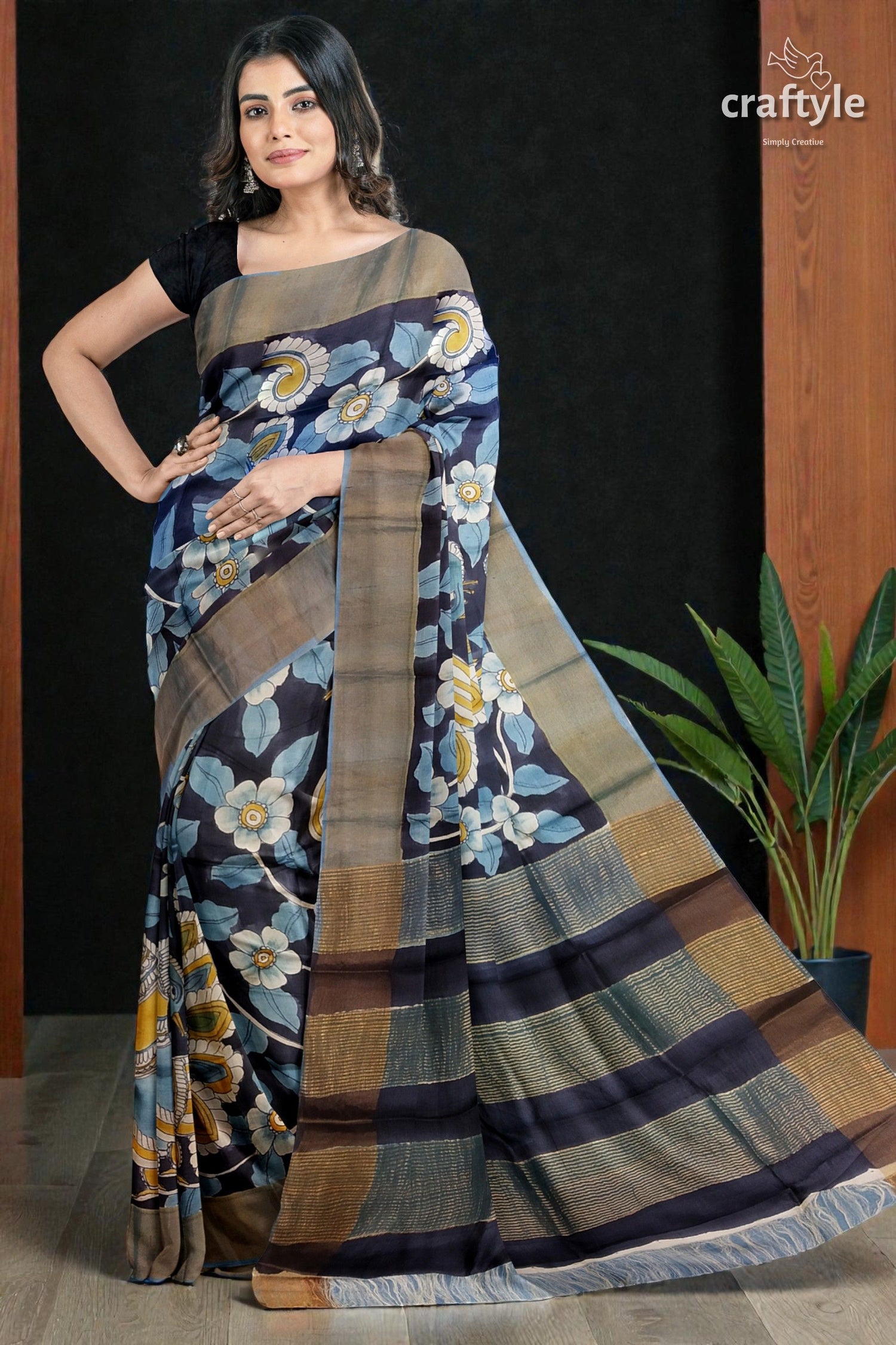 Charcoal Black Hand-Painted Pure Tussar Kalamkari Saree with Zari Border